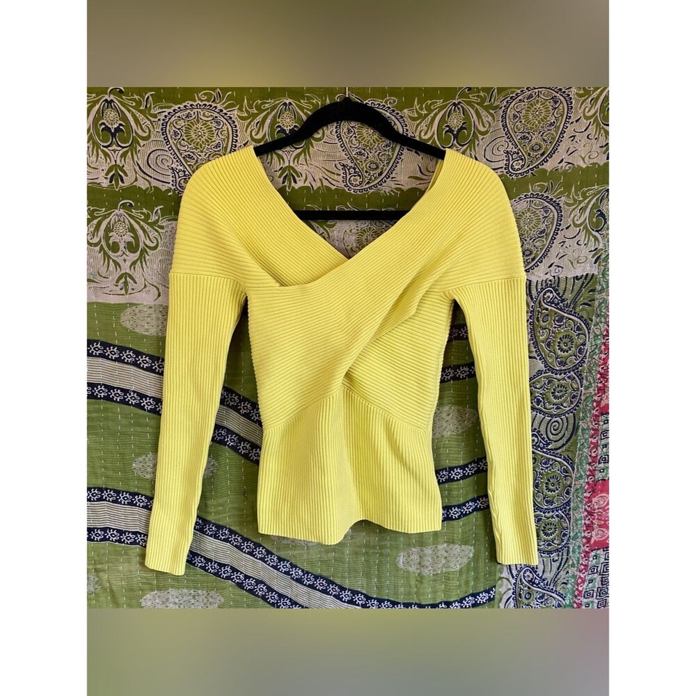 The Fold Lemon Yellow Criss Cross Ribbed Long Sleeve Top Size Small Loud Luxury - Picture 2 of 14